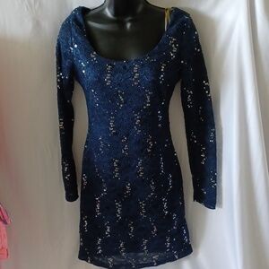 Ruby Rox Blue Lace Sequin Dress, open back, Jr M, NWT
